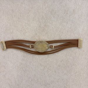 6 strand leather cuff with quartz stone center